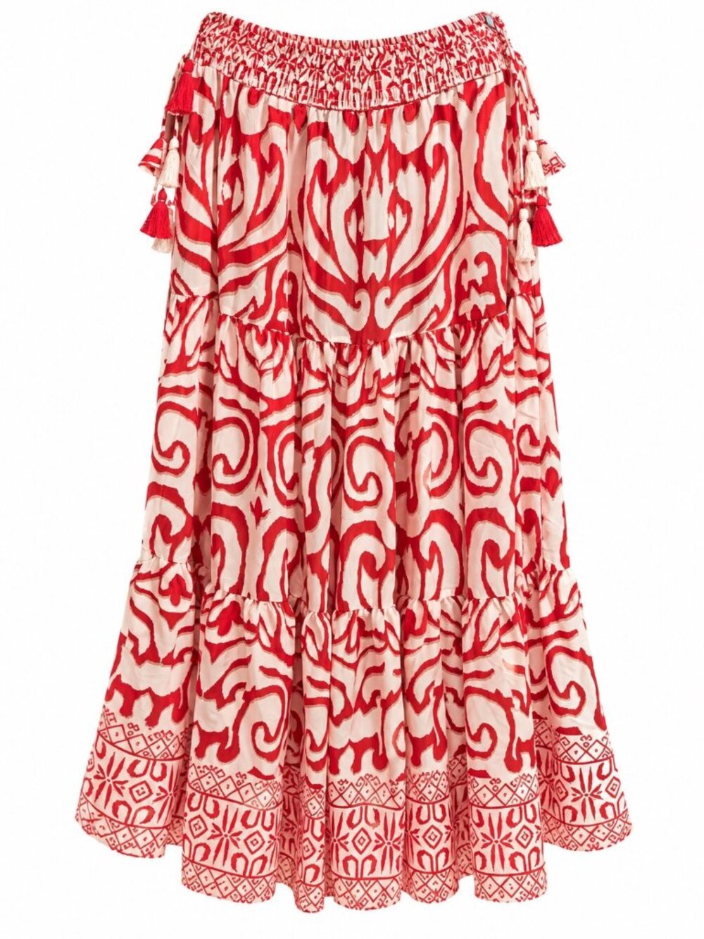 Calypso St. Barth Red & White Printed Maxi Skirt With Tassel Details Smocked Wai